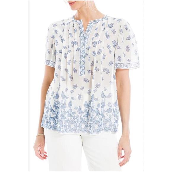 Max Studio Bohemian Blouse Embroidered Short Sleeve Blue & White Medium - Picture 1 of 8